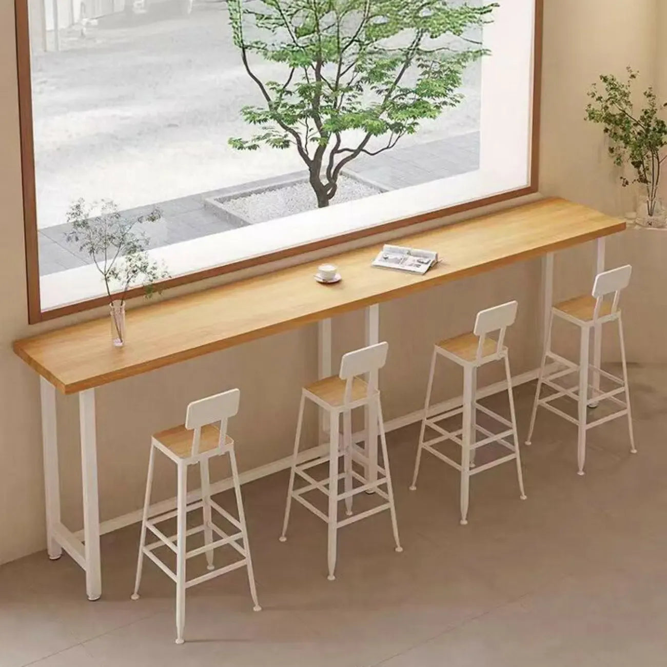 Table de bar minimaliste en pin avec piètement en métal blanc pour les repas