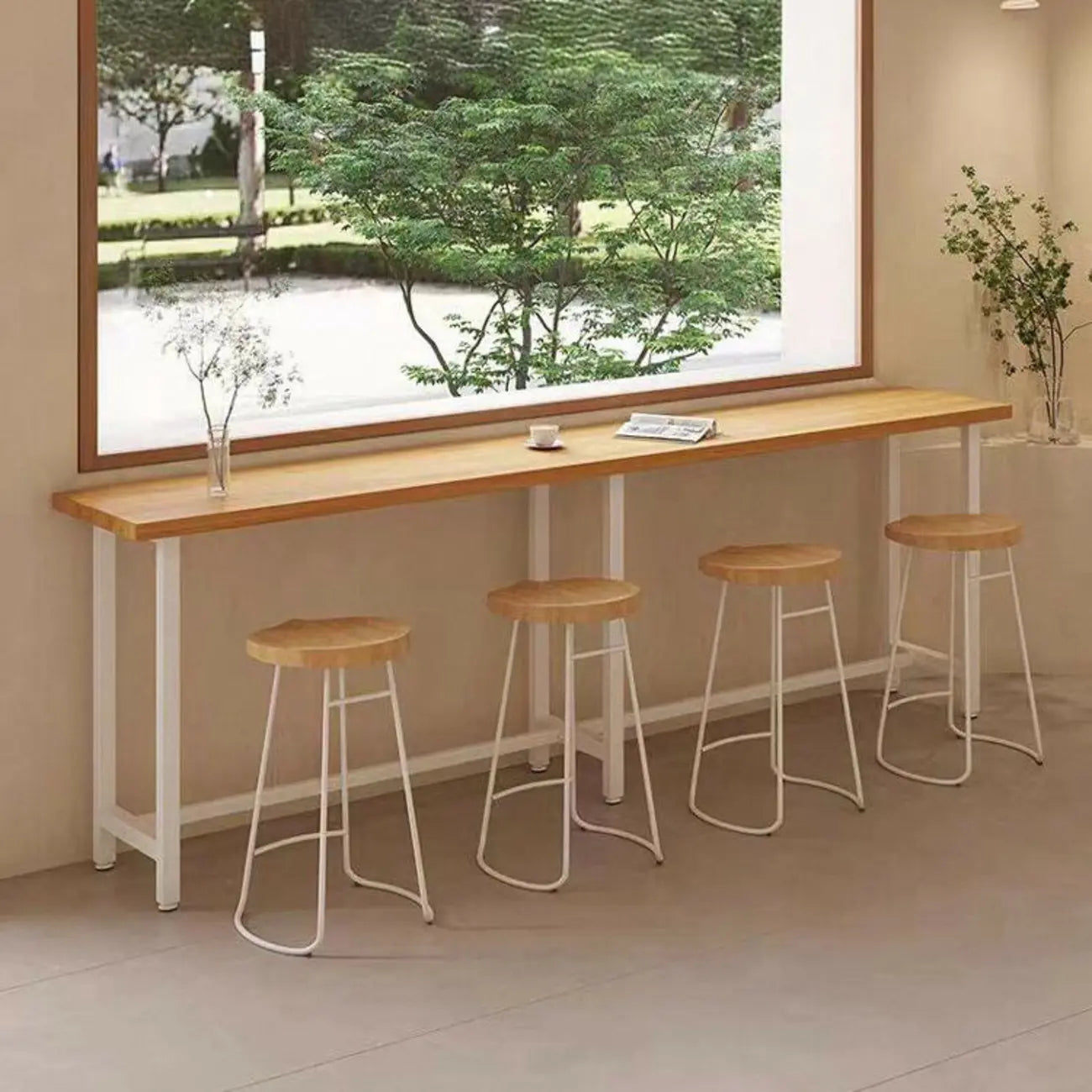 Table de bar minimaliste en pin avec piètement en métal blanc pour les repas