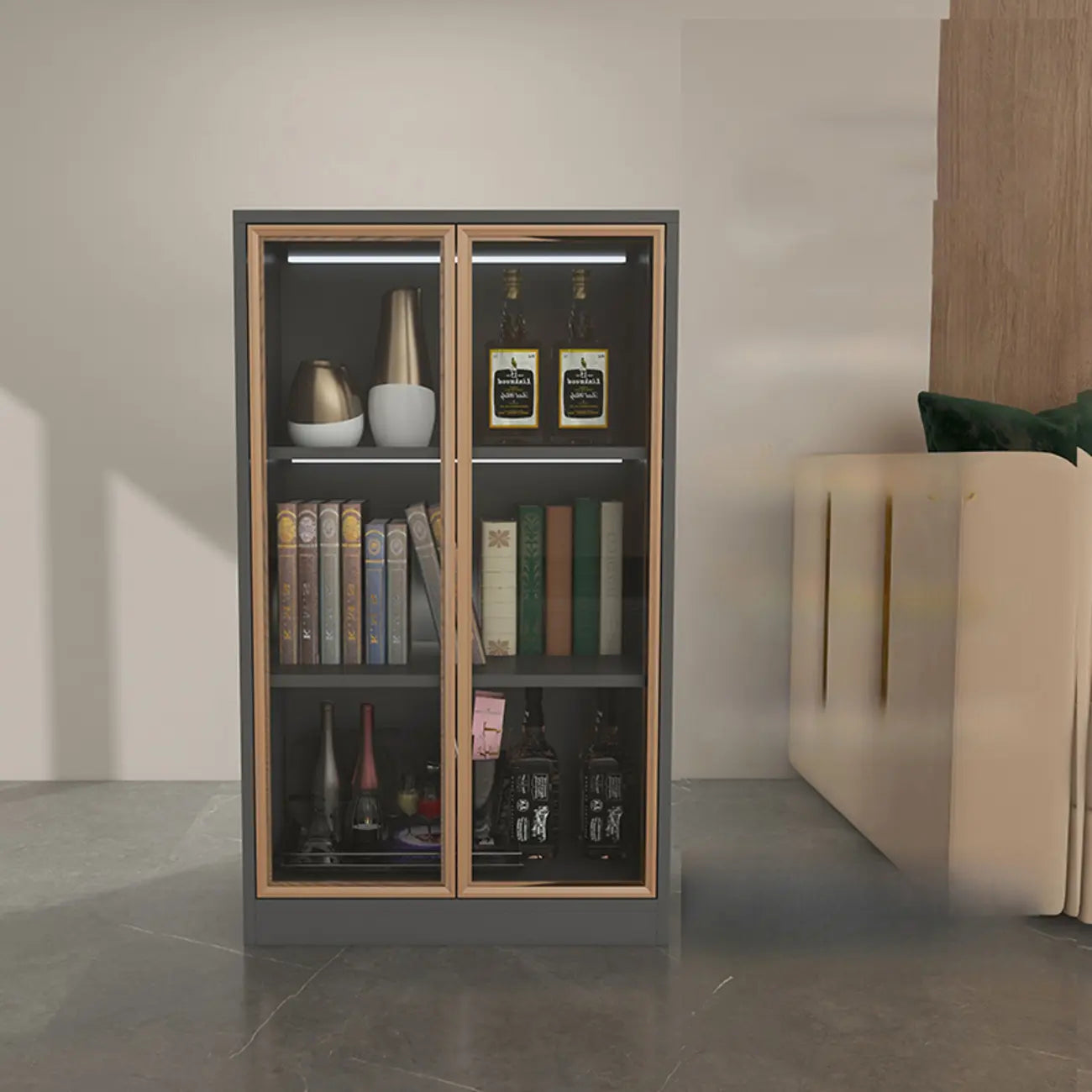 Bibliothèque moderne en bois avec portes vitrées et tiroirs de rangement