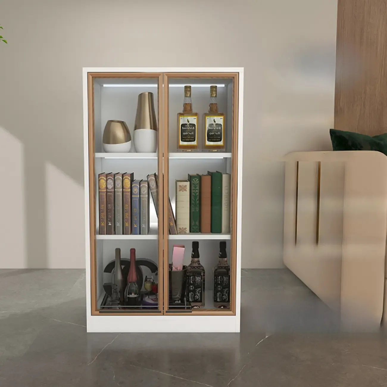 Bibliothèque moderne en bois avec portes vitrées et tiroirs de rangement