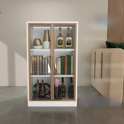 Bibliothèque moderne en bois avec portes vitrées et tiroirs de rangement