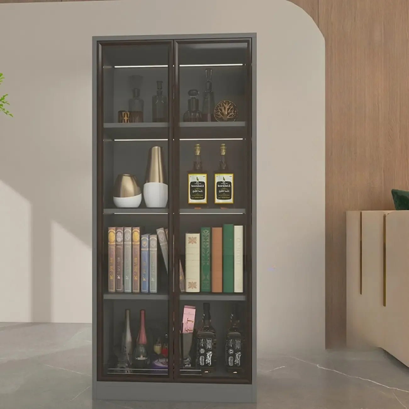 Bibliothèque moderne en bois avec portes vitrées et tiroirs de rangement