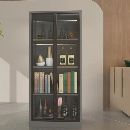 Bibliothèque moderne en bois avec portes vitrées et tiroirs de rangement