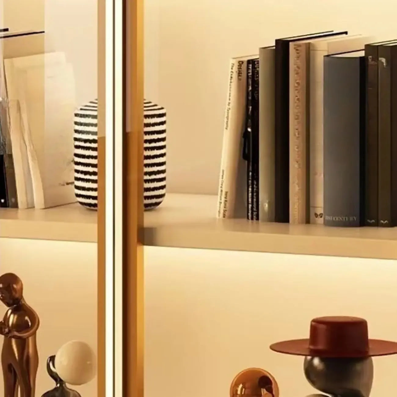 Bibliothèque moderne en bois avec portes vitrées et tiroirs de rangement