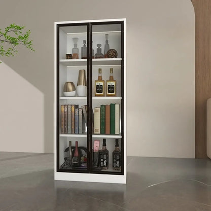 Bibliothèque moderne en bois avec portes vitrées et tiroirs de rangement