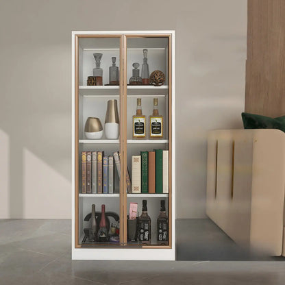 Bibliothèque moderne en bois avec portes vitrées et tiroirs de rangement