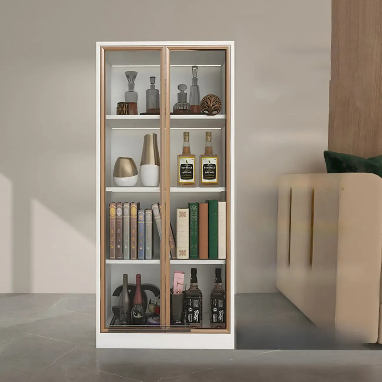 Bibliothèque moderne en bois avec portes vitrées et tiroirs de rangement