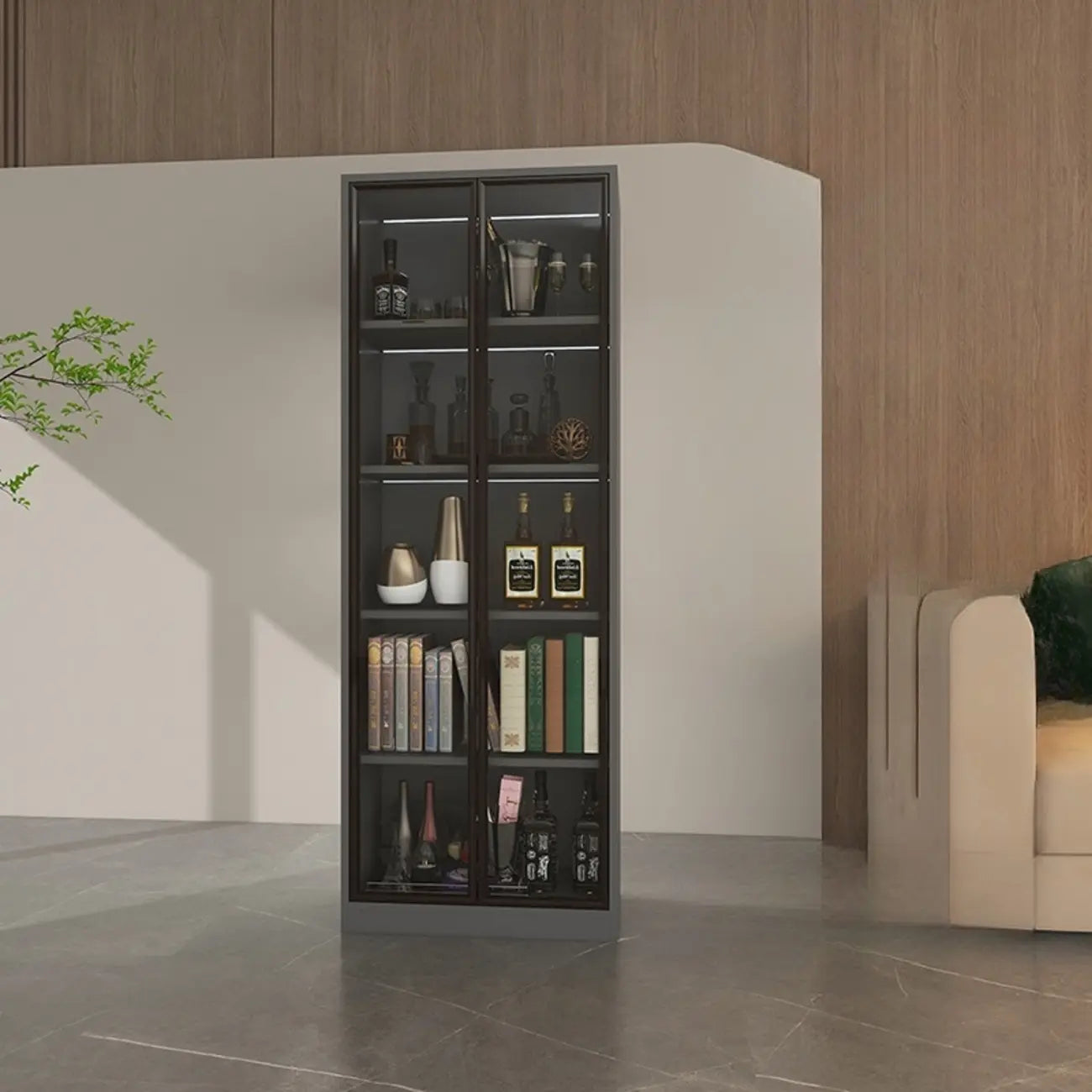 Bibliothèque moderne en bois avec portes vitrées et tiroirs de rangement