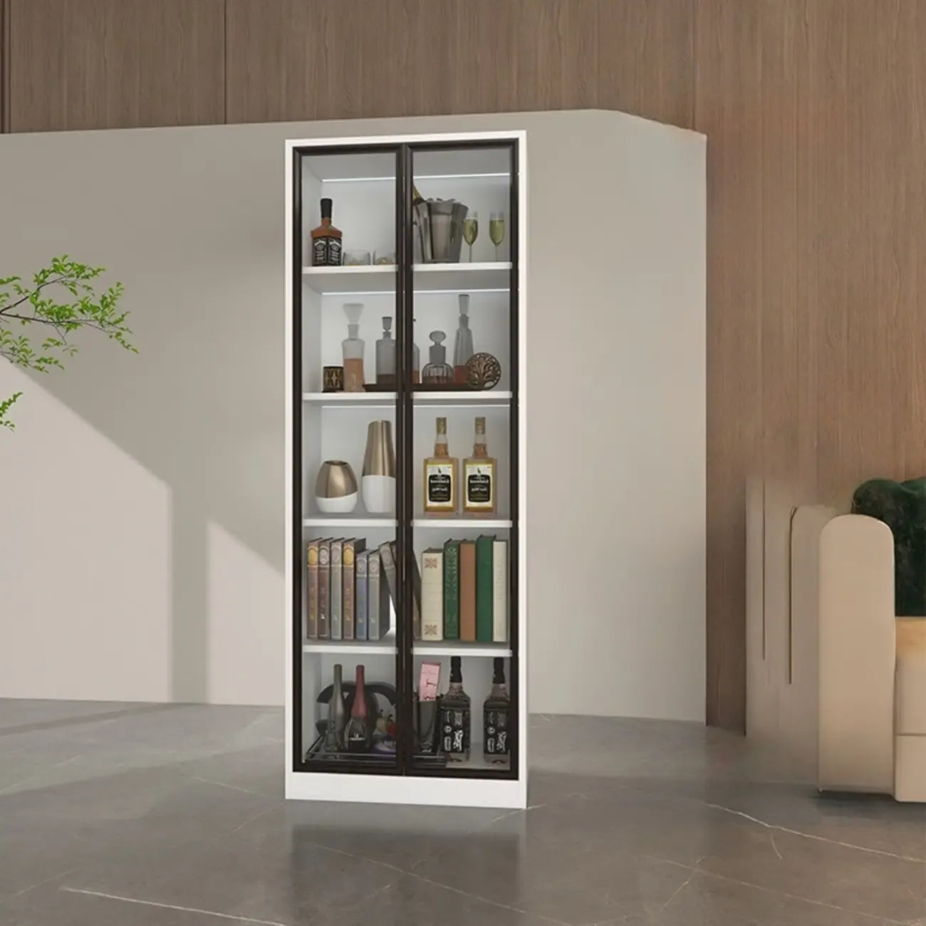 Bibliothèque moderne en bois avec portes vitrées et tiroirs de rangement