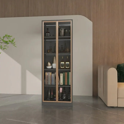 Bibliothèque moderne en bois avec portes vitrées et tiroirs de rangement