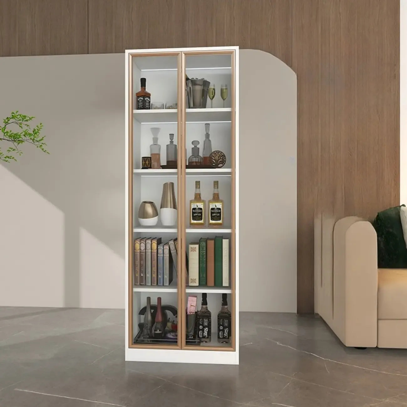 Bibliothèque moderne en bois avec portes vitrées et tiroirs de rangement