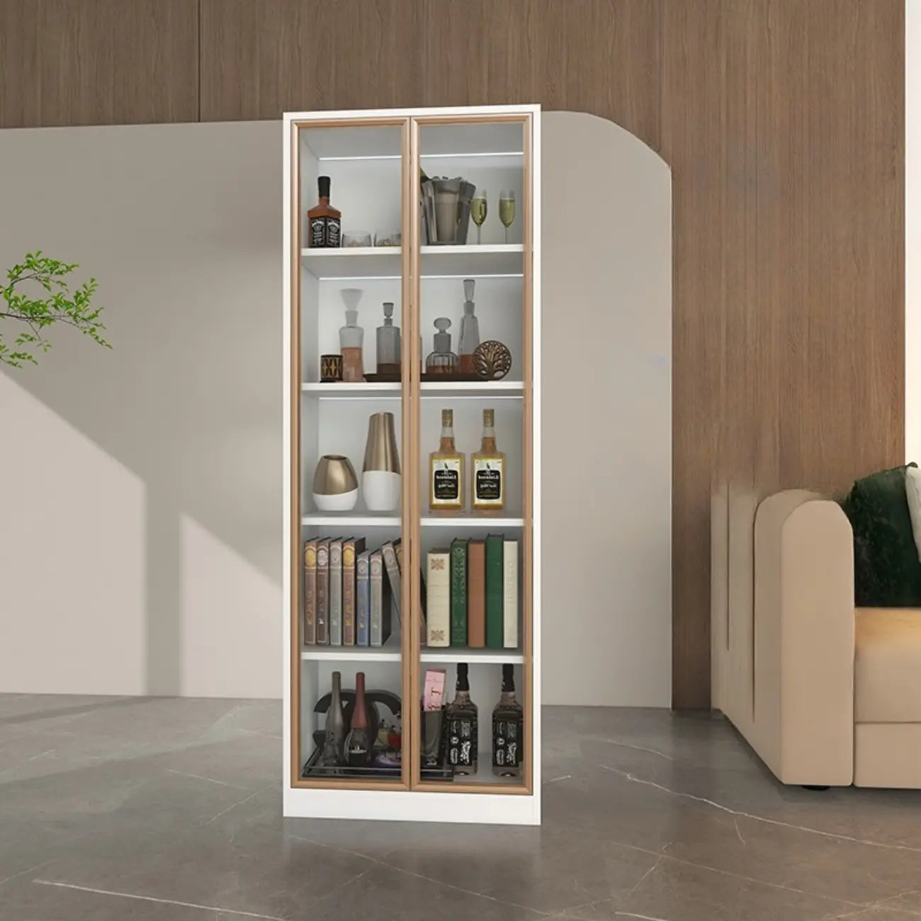 Bibliothèque moderne en bois avec portes vitrées et tiroirs de rangement