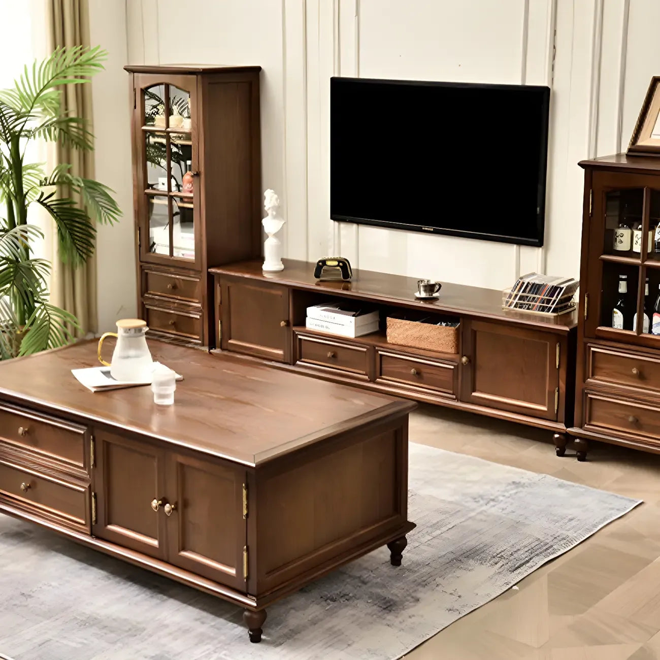 vaisselier traditionnel à 2 tiroirs en bois massif avec porte vitrée