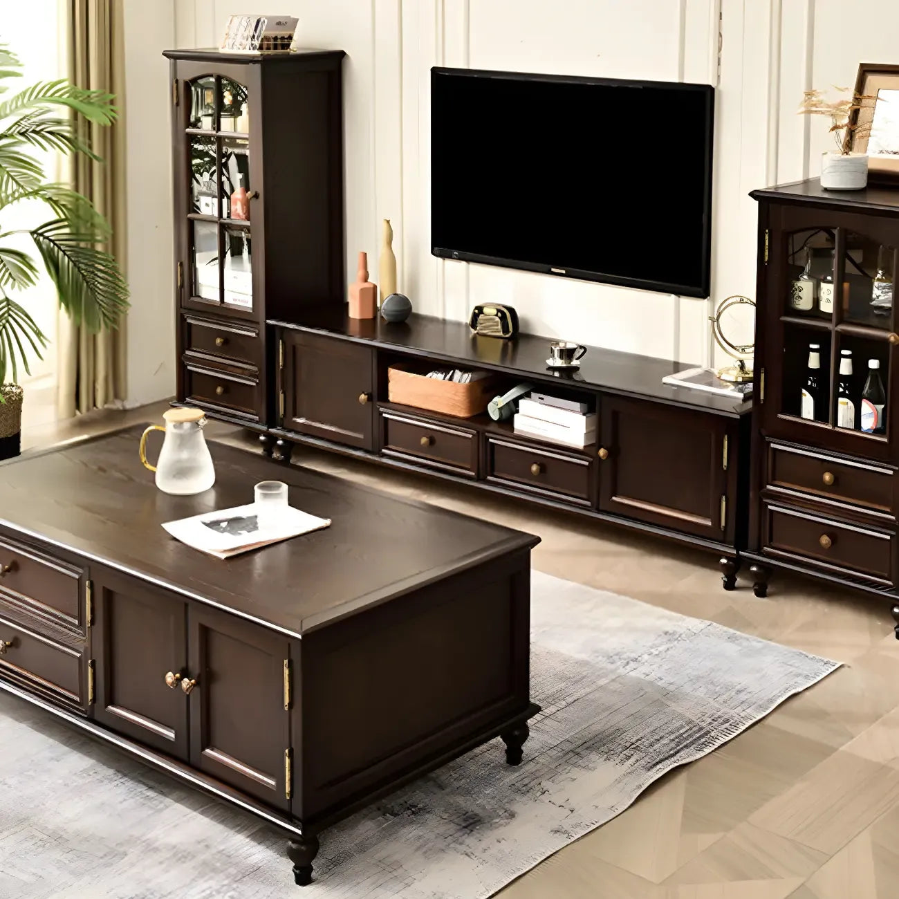 vaisselier traditionnel à 2 tiroirs en bois massif avec porte vitrée