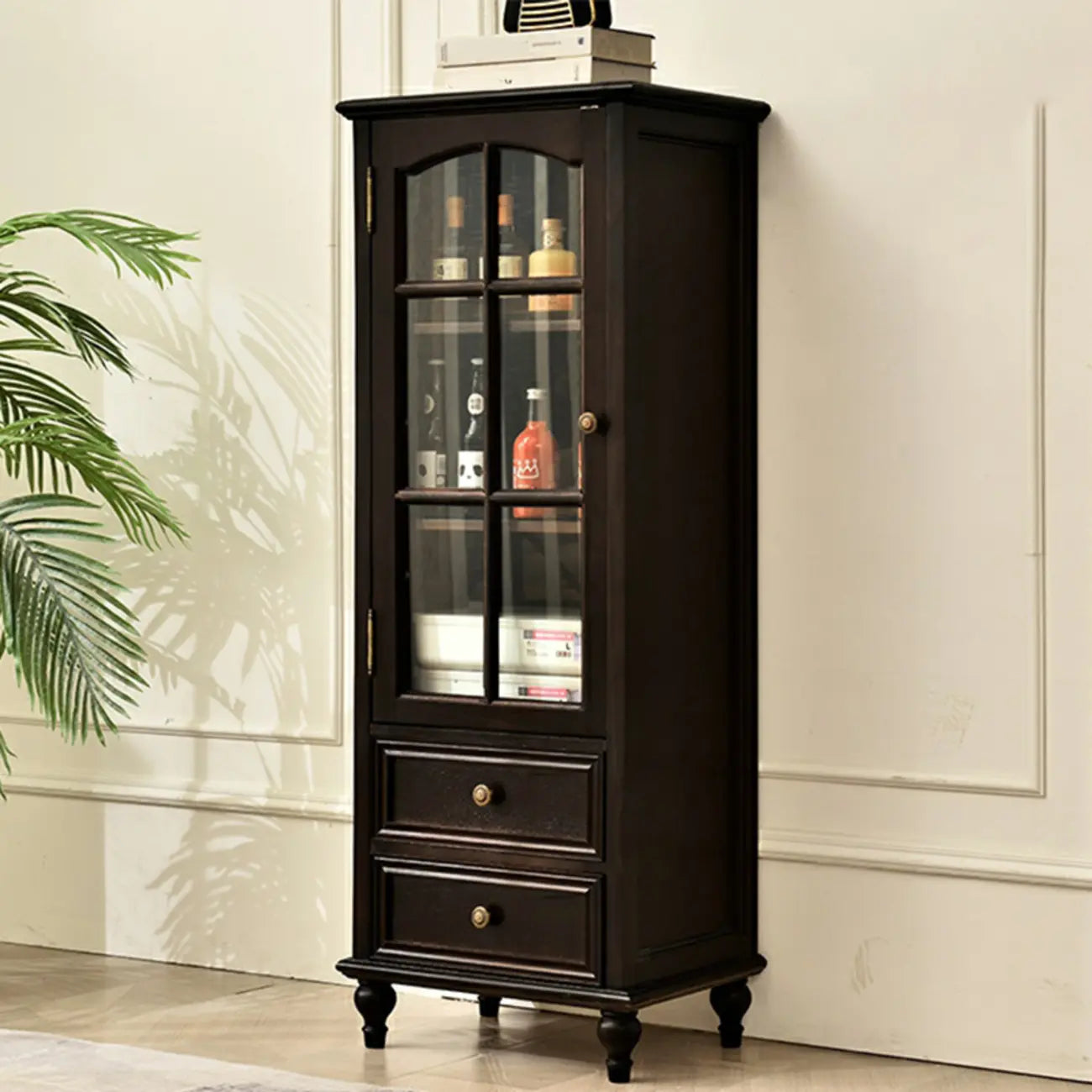 vaisselier traditionnel à 2 tiroirs en bois massif avec porte vitrée