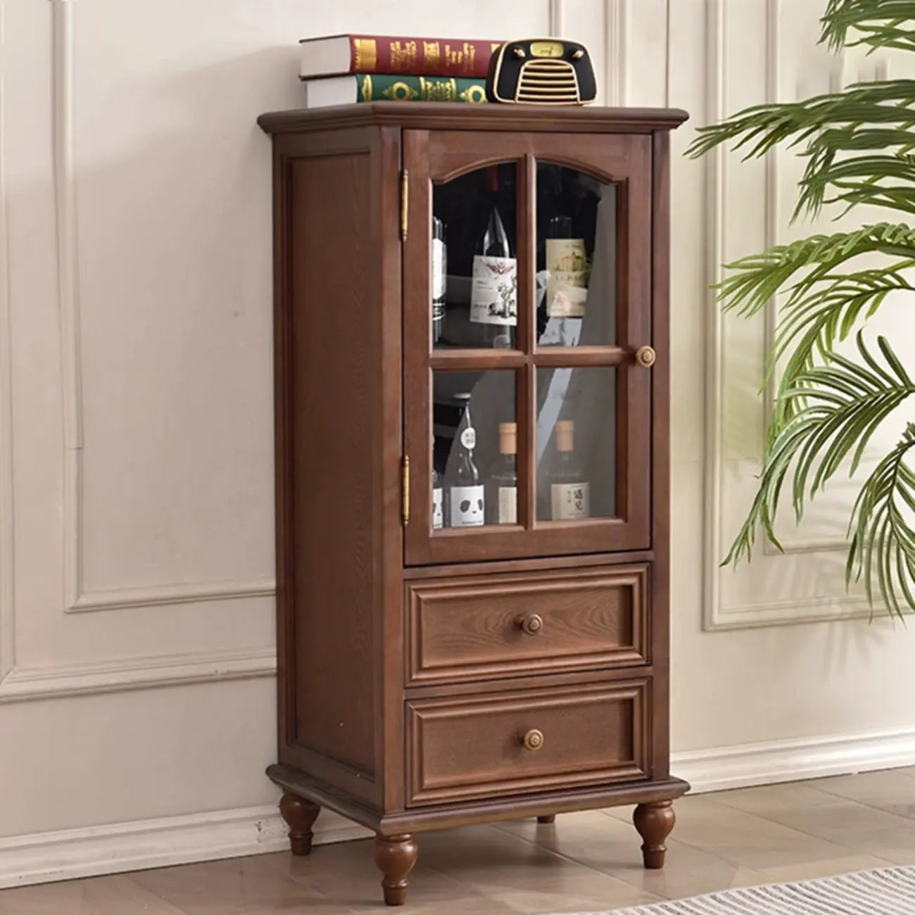 vaisselier traditionnel à 2 tiroirs en bois massif avec porte vitrée