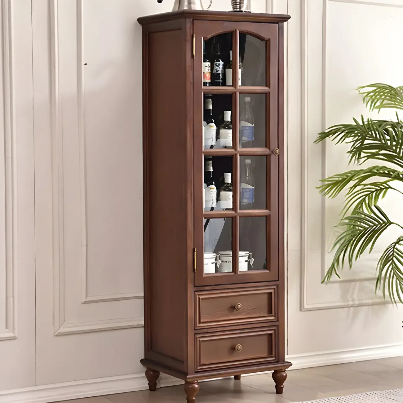 vaisselier traditionnel à 2 tiroirs en bois massif avec porte vitrée