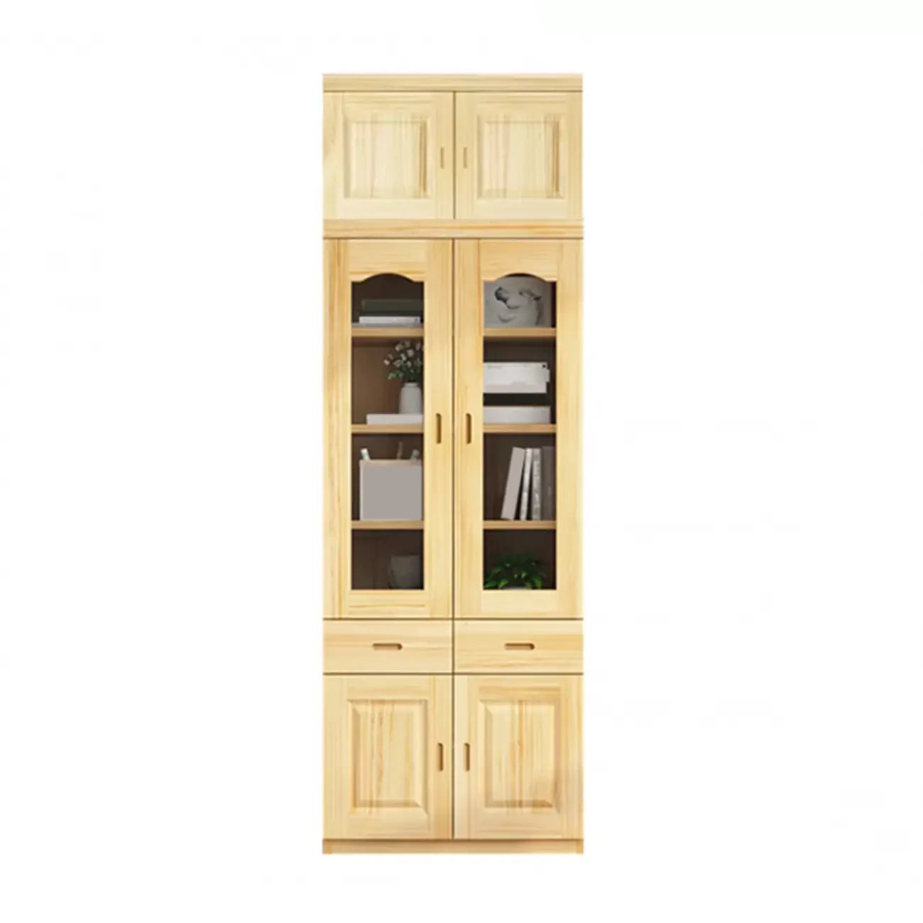 Bibliothèque de rangement antique en bois à 5 niveaux avec portes vitrées