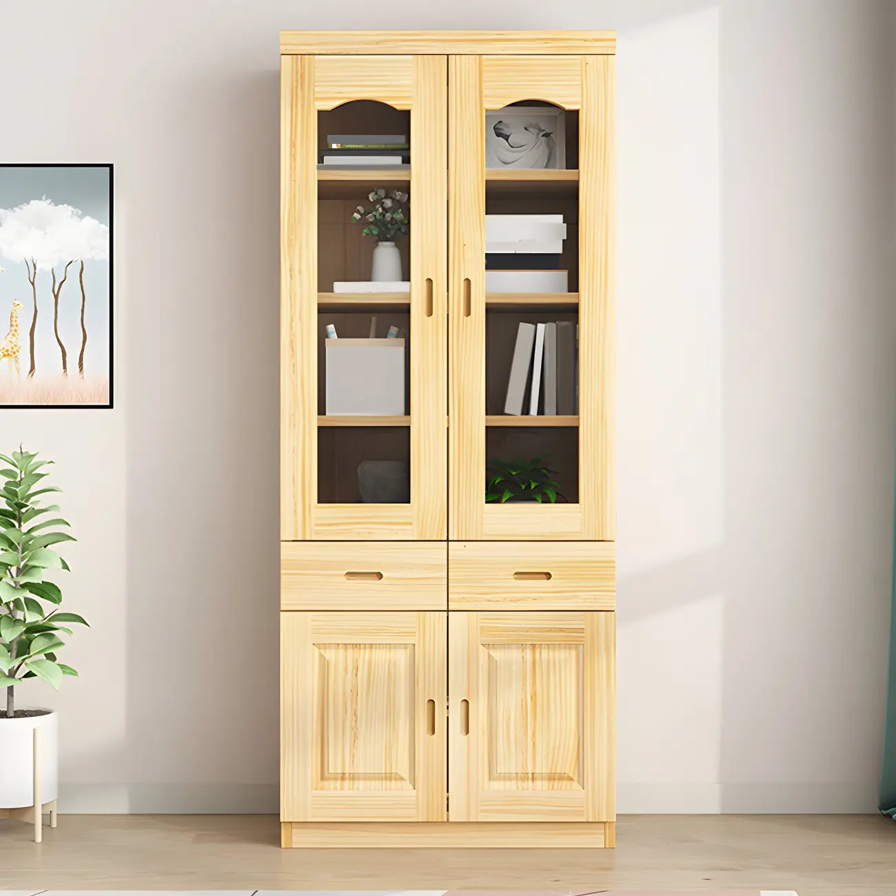 Bibliothèque de rangement antique en bois à 5 niveaux avec portes vitrées