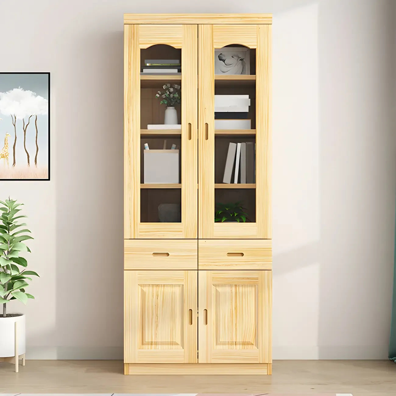 Bibliothèque de rangement antique en bois à 5 niveaux avec portes vitrées