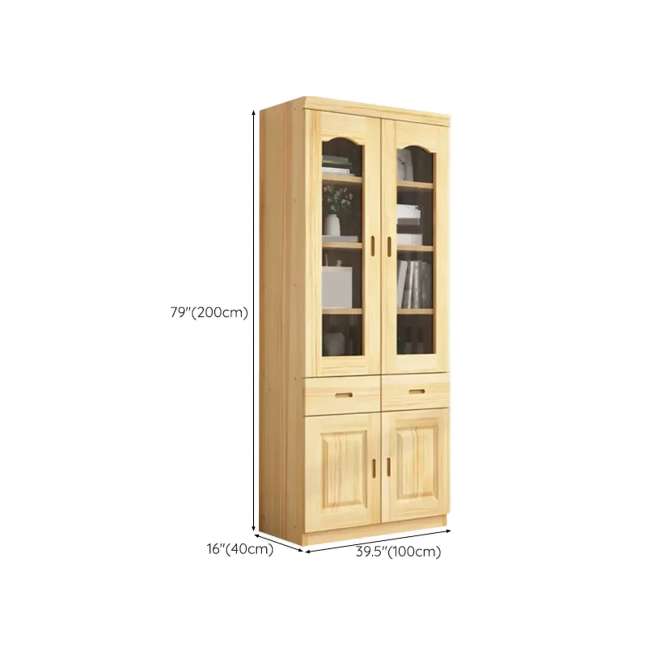 Bibliothèque de rangement antique en bois à 5 niveaux avec portes vitrées