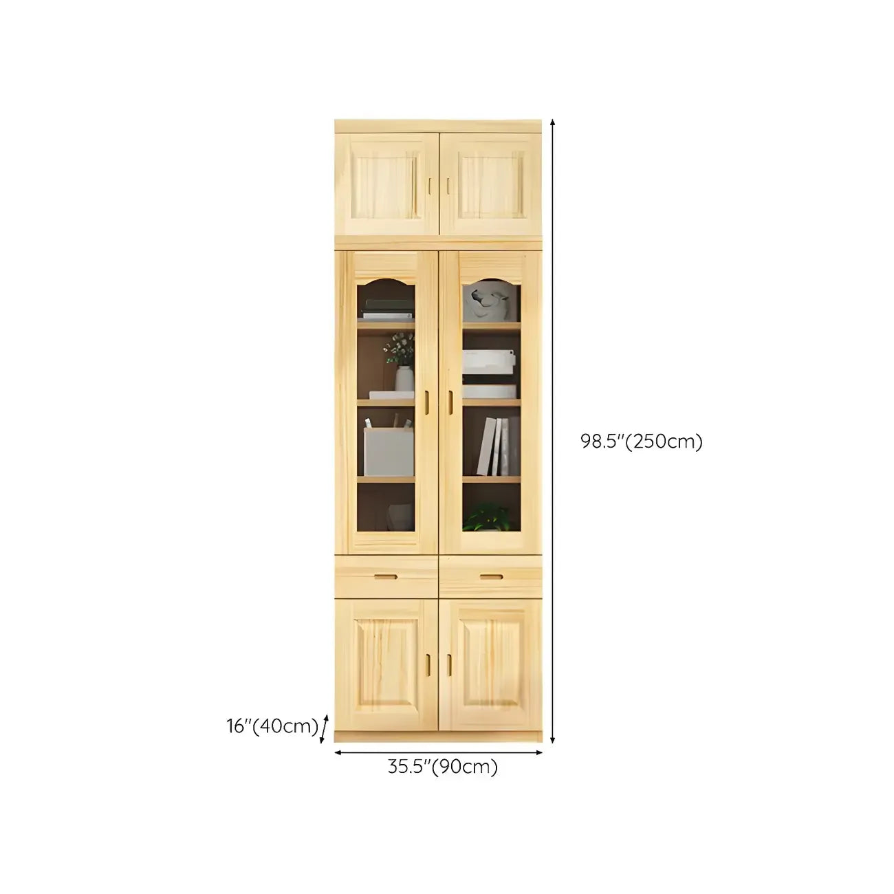 Bibliothèque de rangement antique en bois à 5 niveaux avec portes vitrées