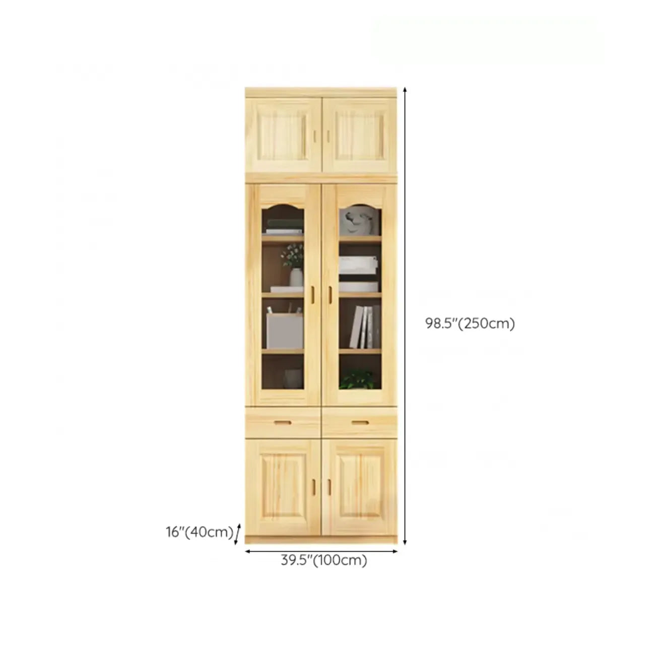 Bibliothèque de rangement antique en bois à 5 niveaux avec portes vitrées