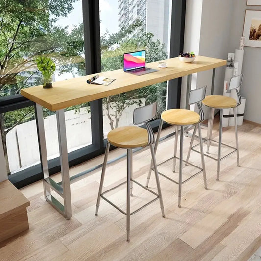 Table de bar moderne rustique avec plateau en pin et piètement en fer