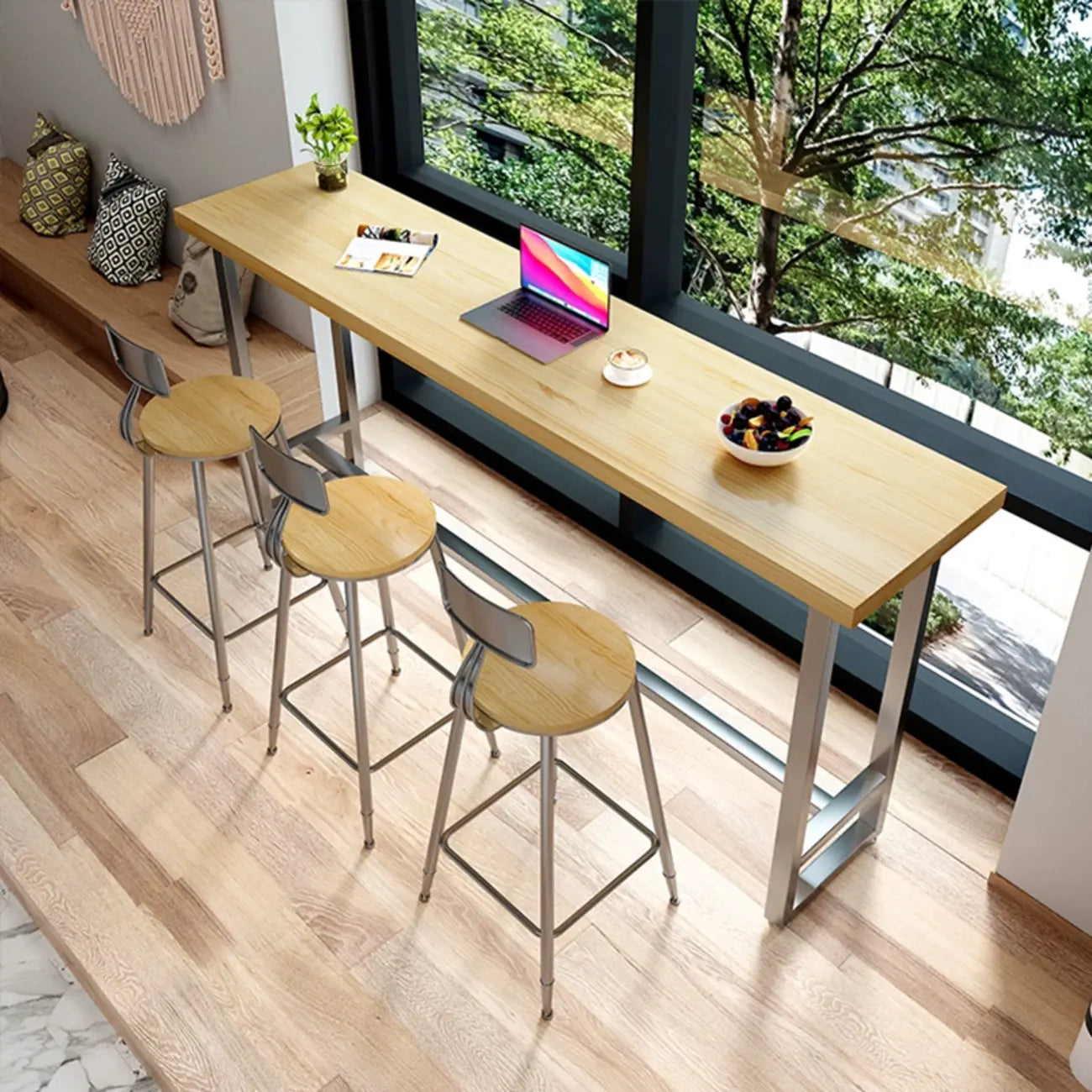 Table de bar moderne rustique avec plateau en pin et piètement en fer