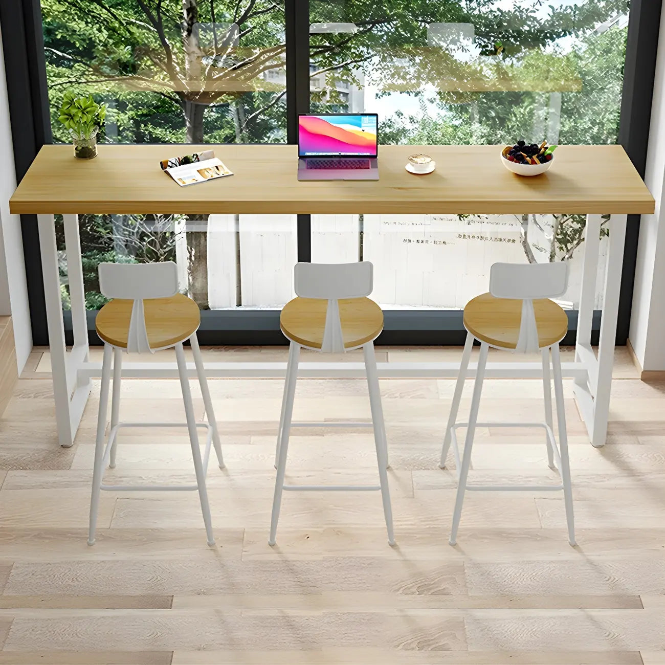 Table de bar moderne rustique avec plateau en pin et piètement en fer