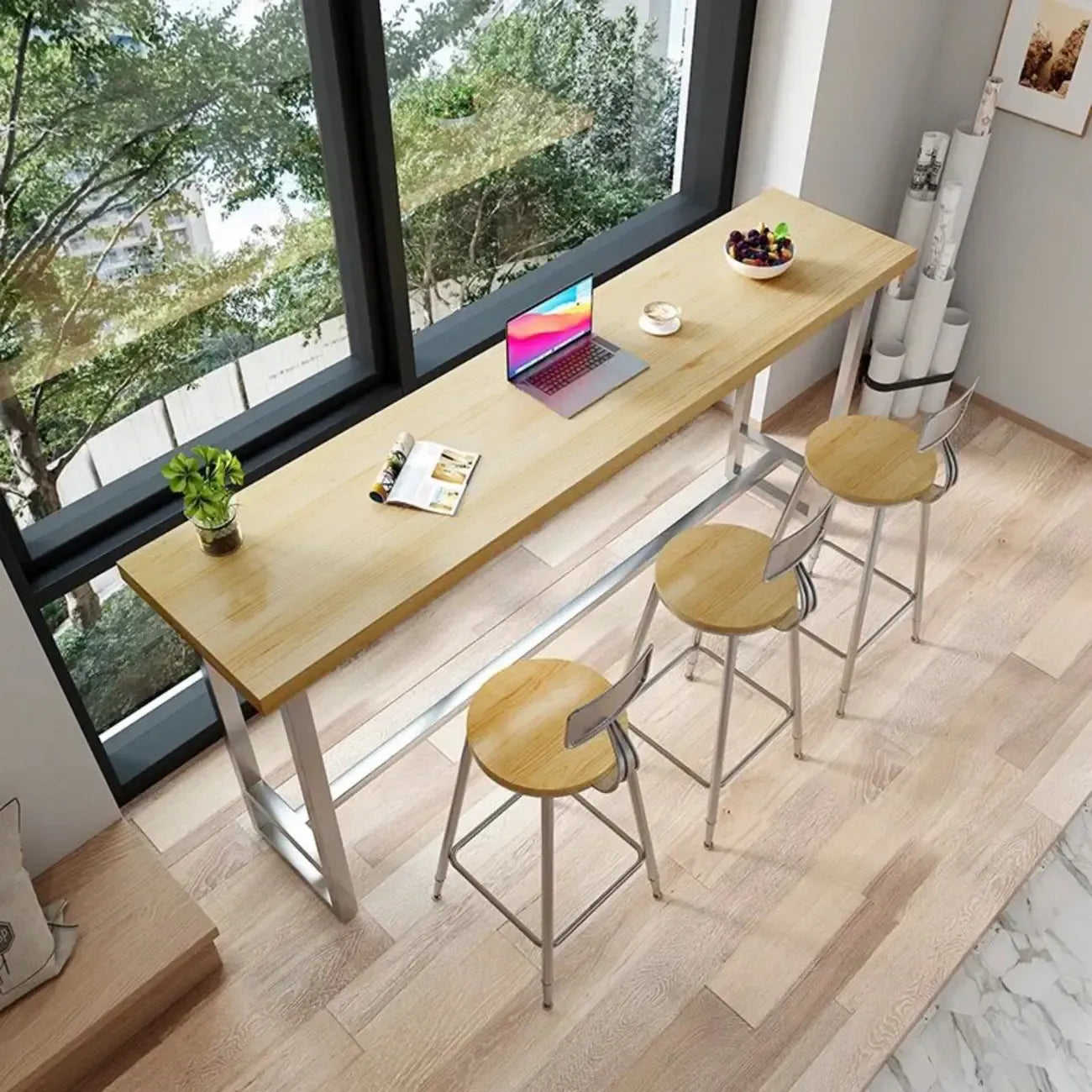 Table de bar moderne rustique avec plateau en pin et piètement en fer