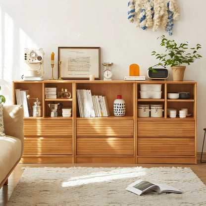 Bibliothèque scandinave en bois clair à 2 étagères avec tiroirs