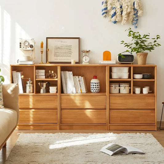 Bibliothèque scandinave en bois clair à 2 étagères avec tiroirs