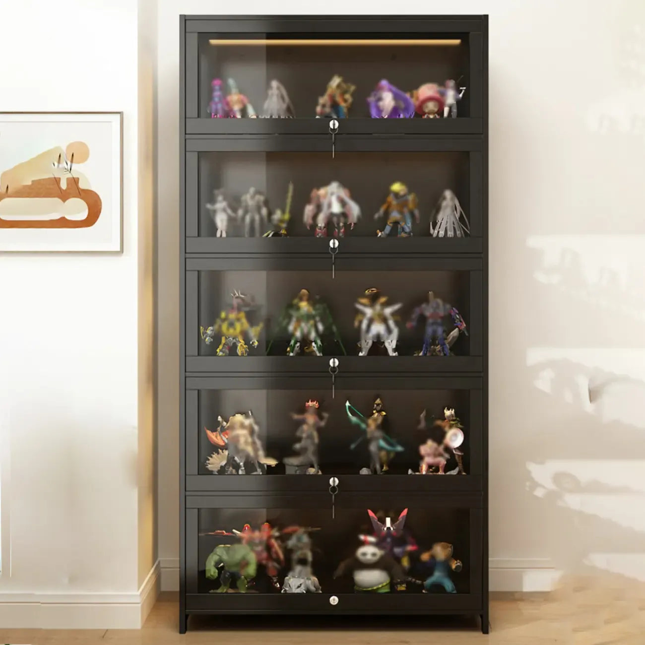 Vitrine moderne en verre noir pour figurines, idéale pour le salon