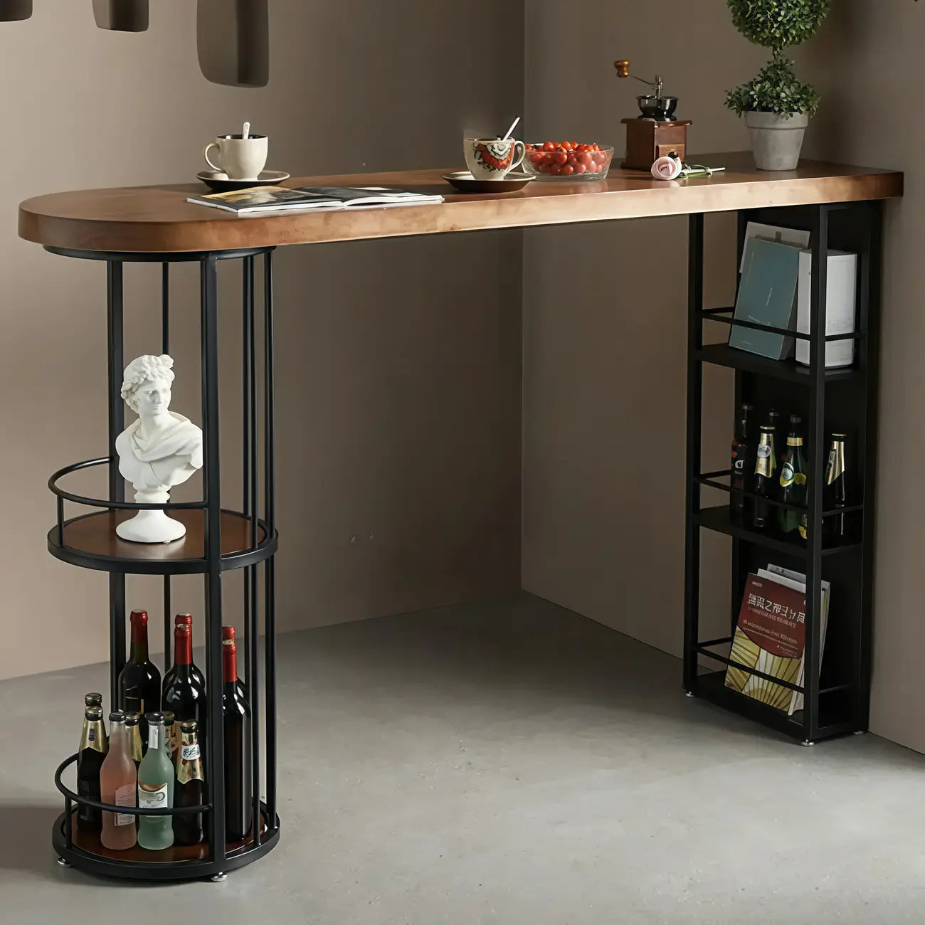 Table de bar étroite en bois avec double étagère de rangement
