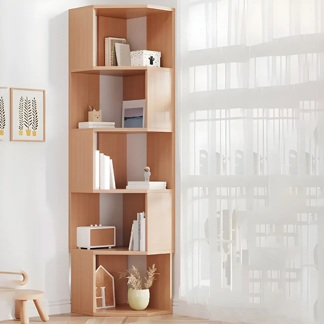 Bibliothèque d'angle haute en bois à 5 niveaux pour petits espaces