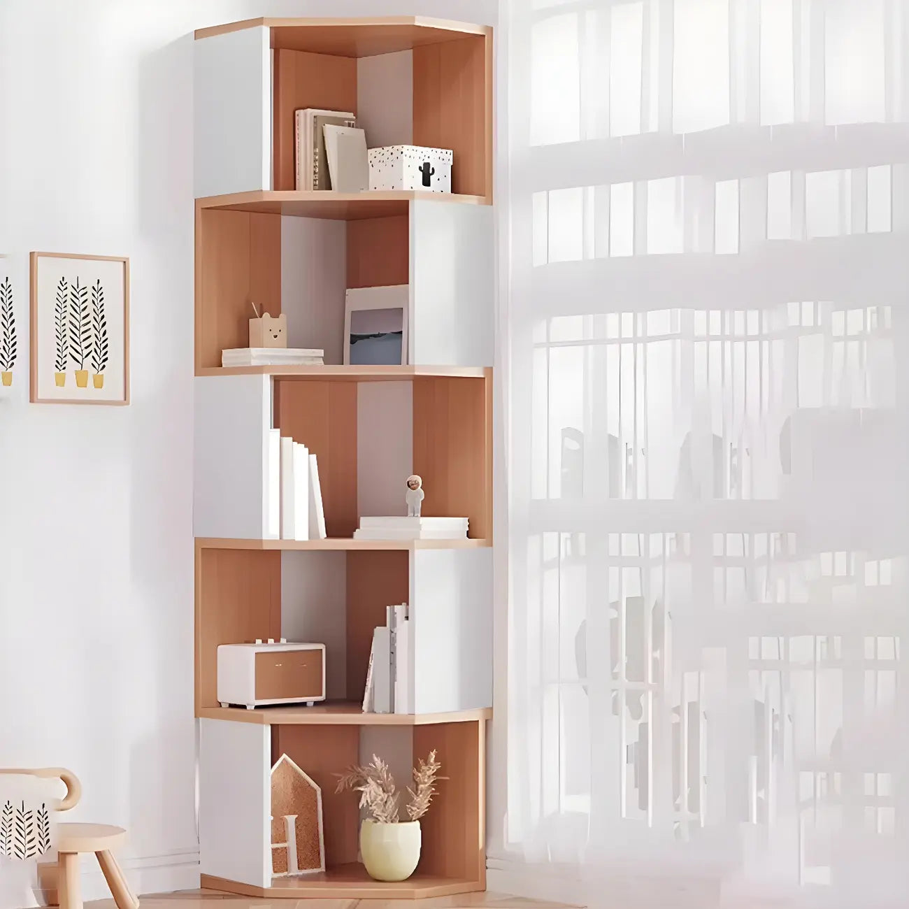 Bibliothèque d'angle haute en bois à 5 niveaux pour petits espaces