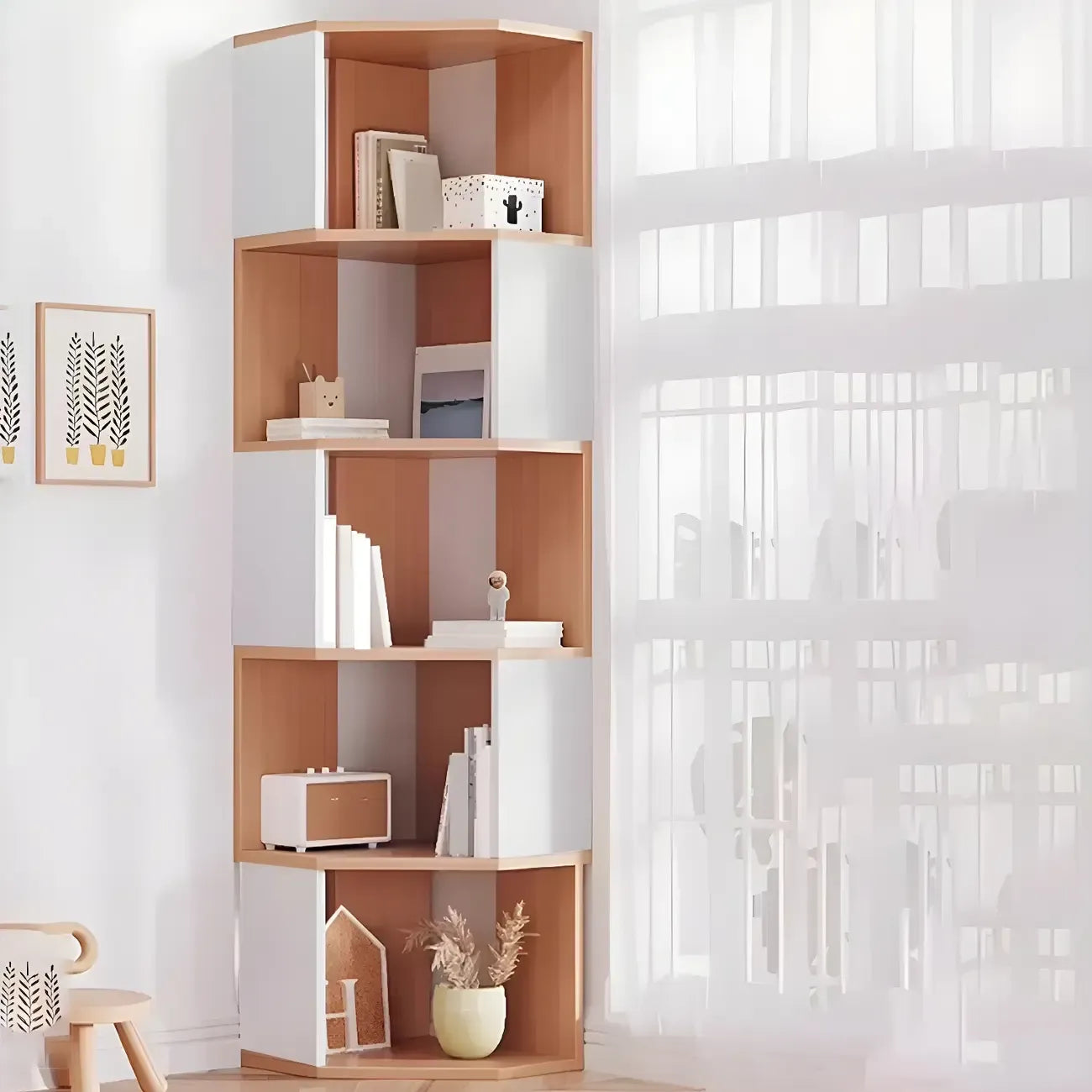 Bibliothèque d'angle haute en bois à 5 niveaux pour petits espaces