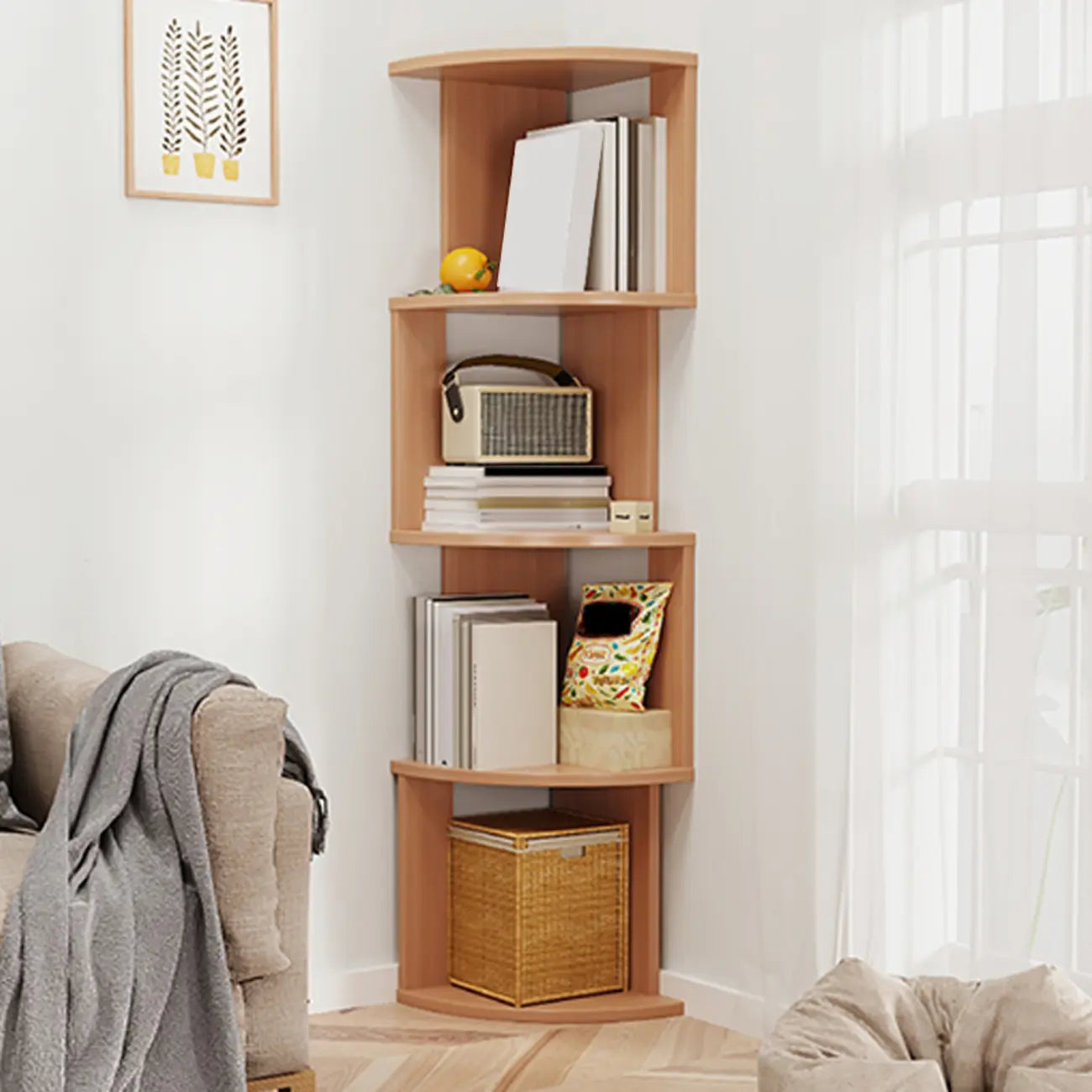 Bibliothèque d'angle haute en bois à 5 niveaux pour petits espaces