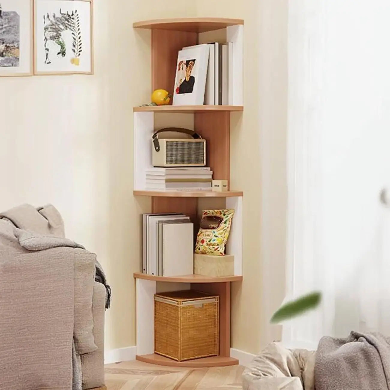 Bibliothèque d'angle haute en bois à 5 niveaux pour petits espaces