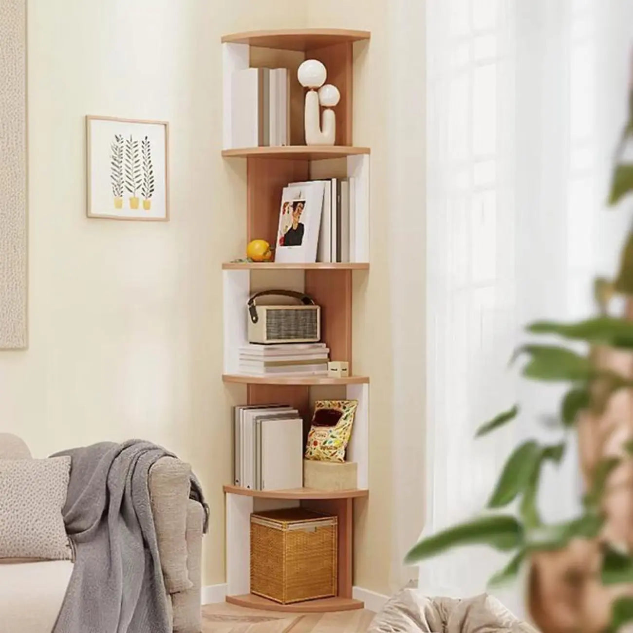 Bibliothèque d'angle haute en bois à 5 niveaux pour petits espaces