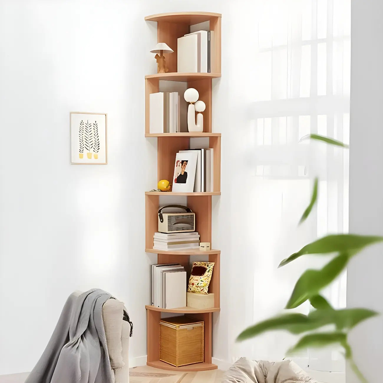 Bibliothèque d'angle haute en bois à 5 niveaux pour petits espaces