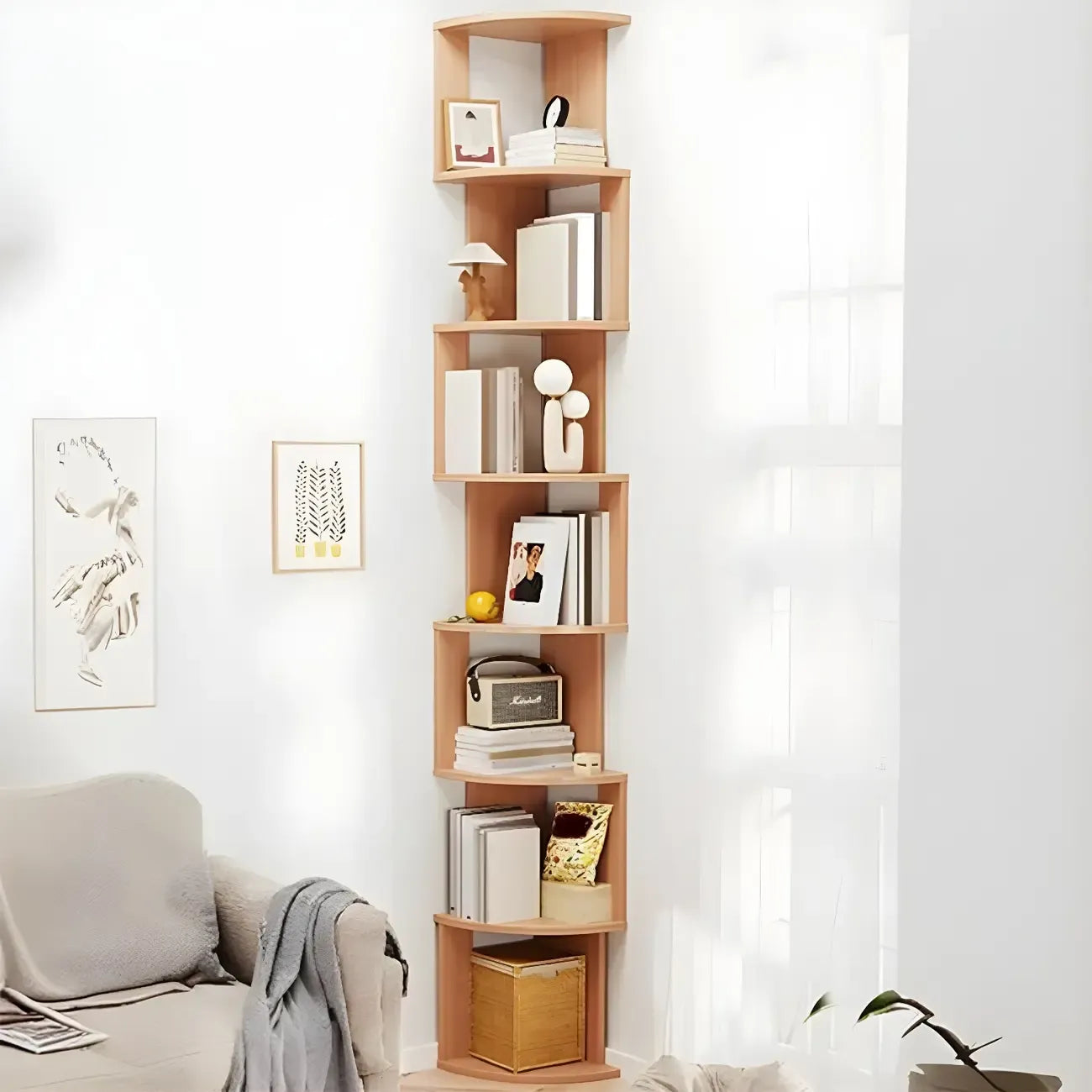 Bibliothèque d'angle haute en bois à 5 niveaux pour petits espaces