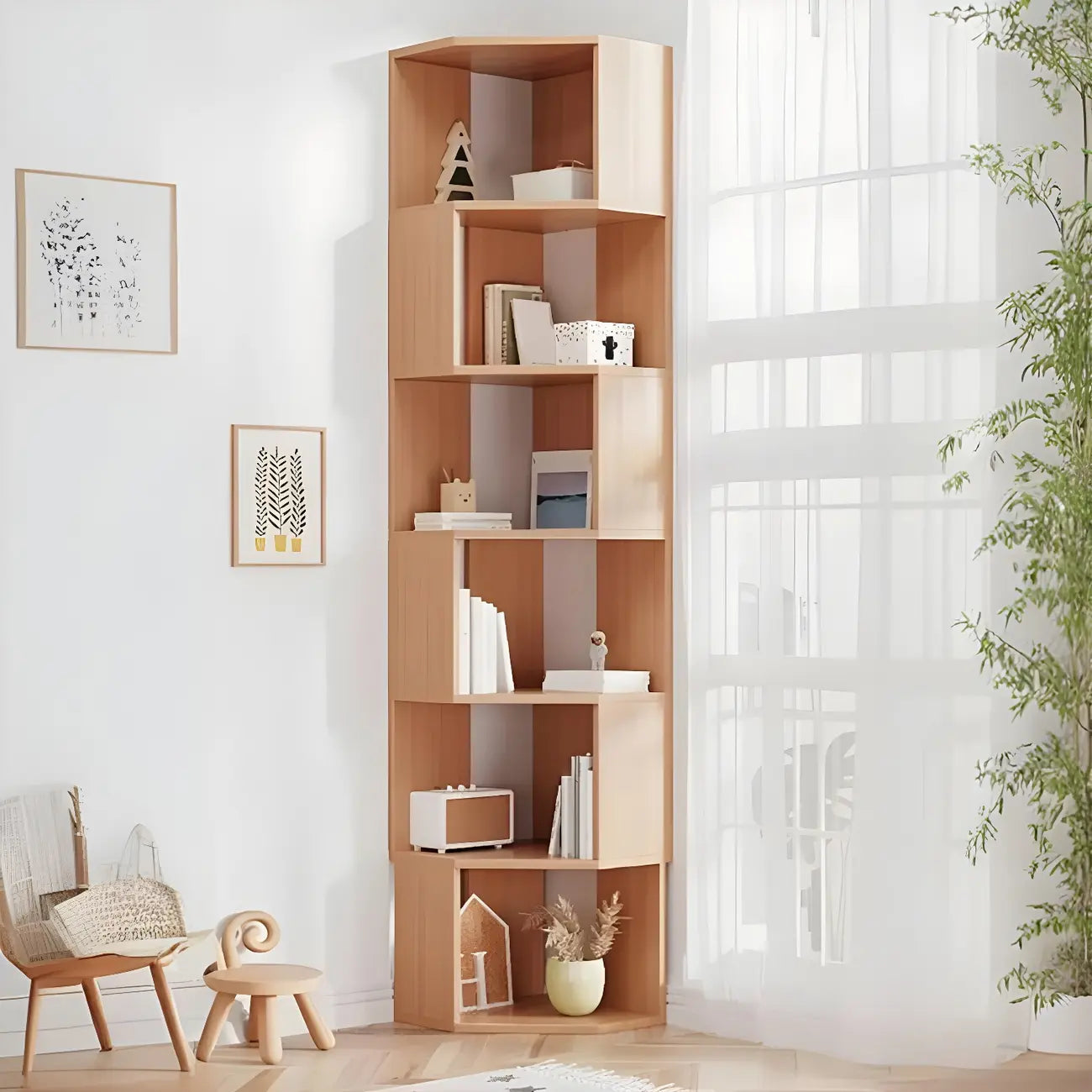 Bibliothèque d'angle haute en bois à 5 niveaux pour petits espaces
