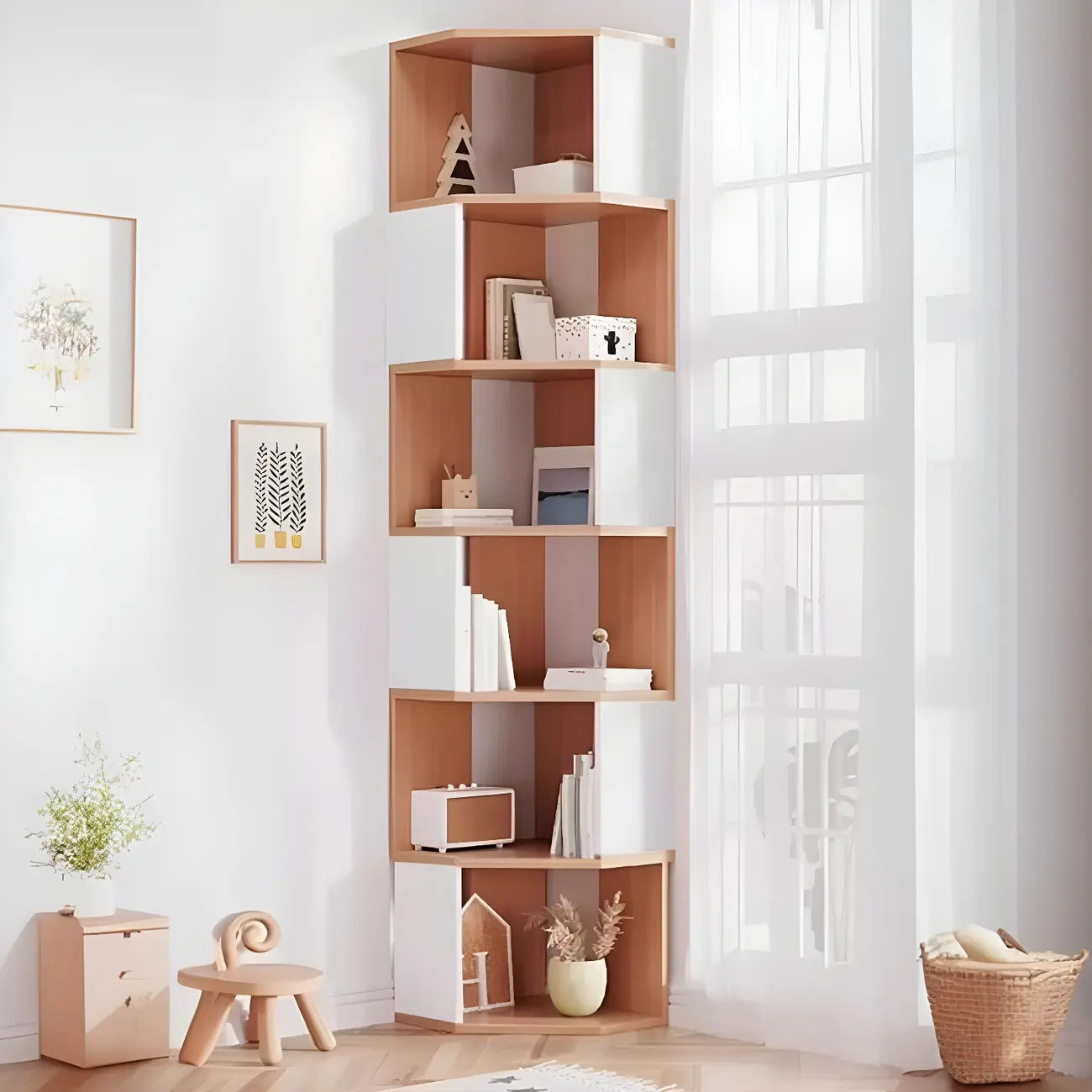 Bibliothèque d'angle haute en bois à 5 niveaux pour petits espaces