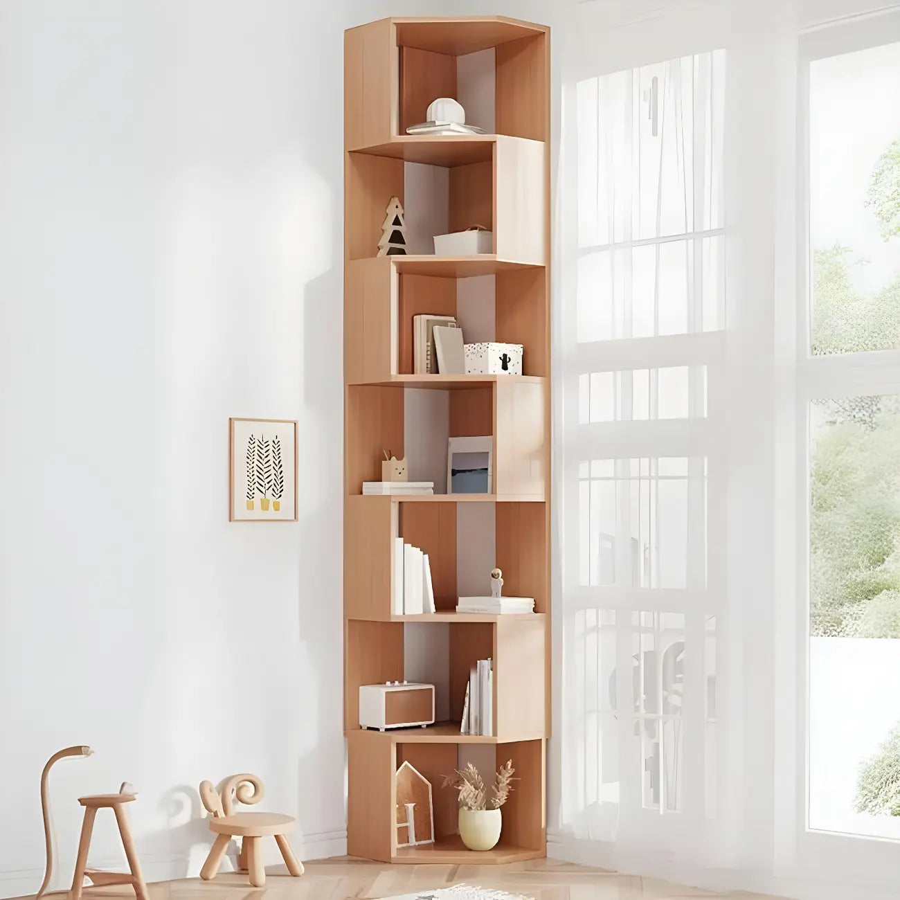 Bibliothèque d'angle haute en bois à 5 niveaux pour petits espaces