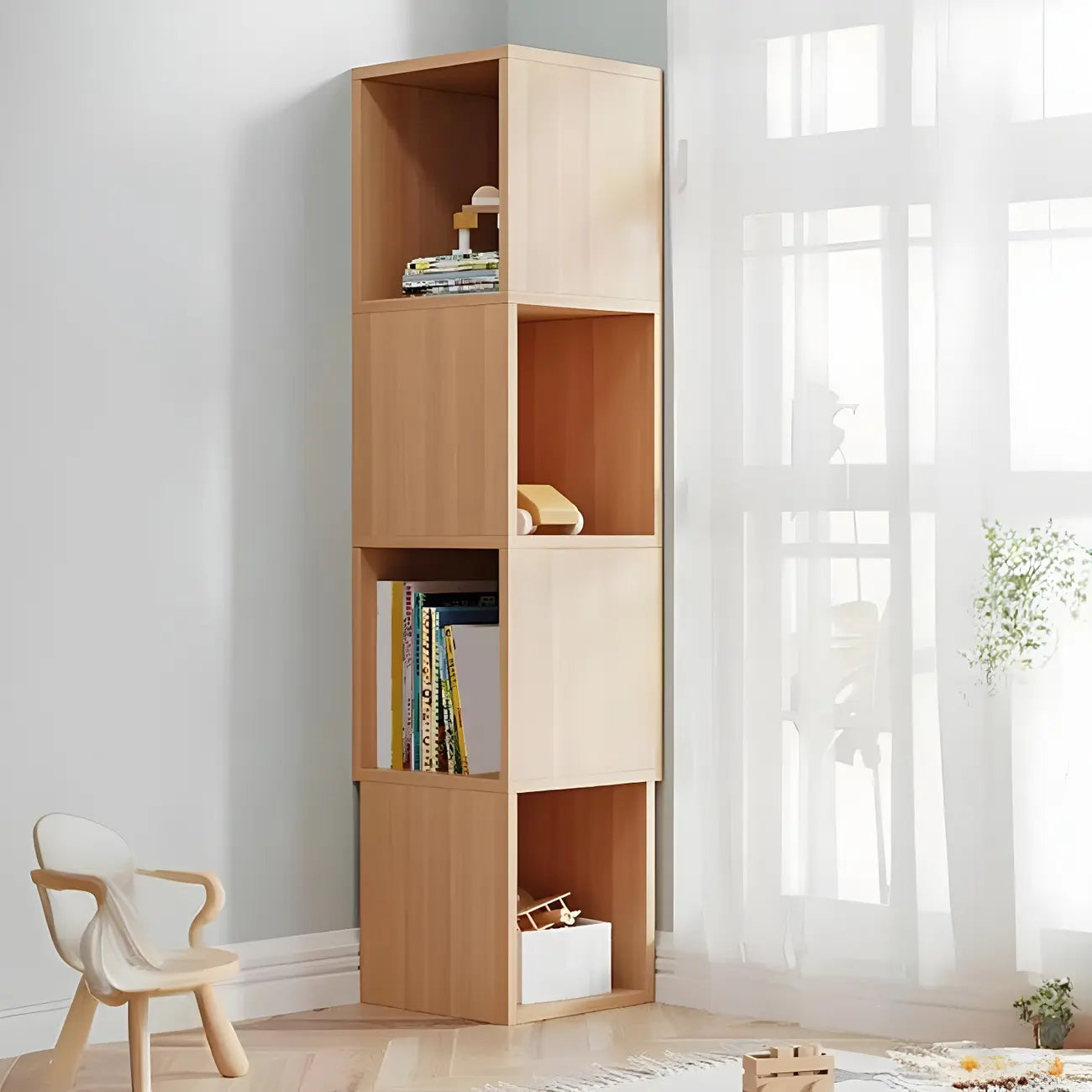 Bibliothèque d'angle haute en bois à 5 niveaux pour petits espaces