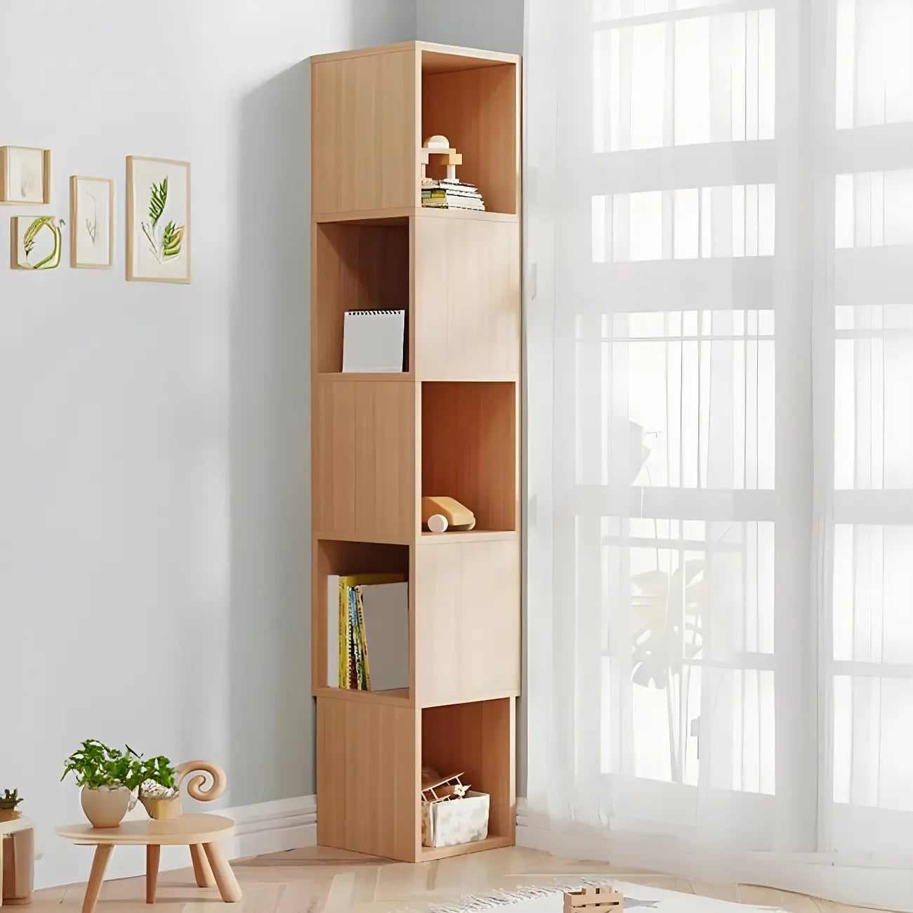 Bibliothèque d'angle haute en bois à 5 niveaux pour petits espaces
