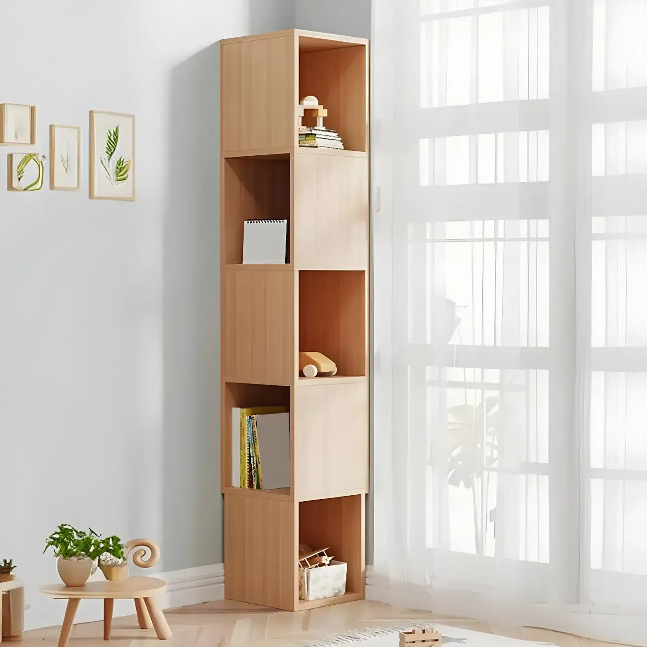 Bibliothèque d'angle haute en bois à 5 niveaux pour petits espaces