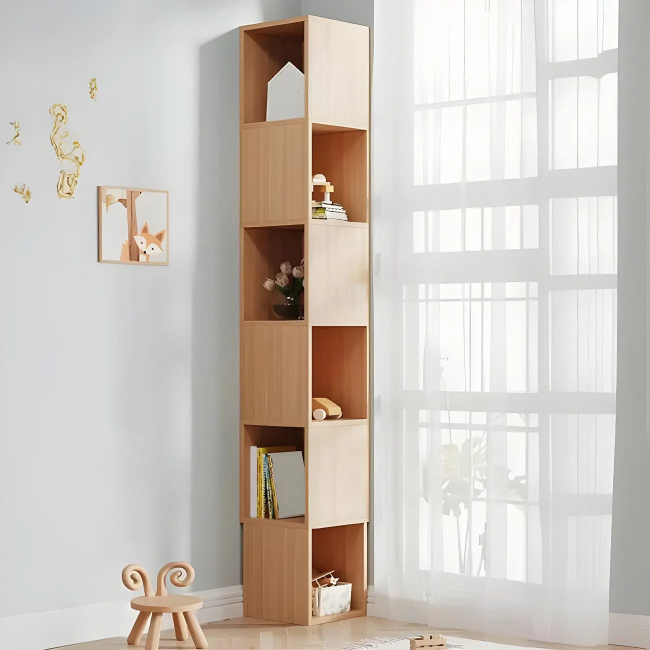 Bibliothèque d'angle haute en bois à 5 niveaux pour petits espaces